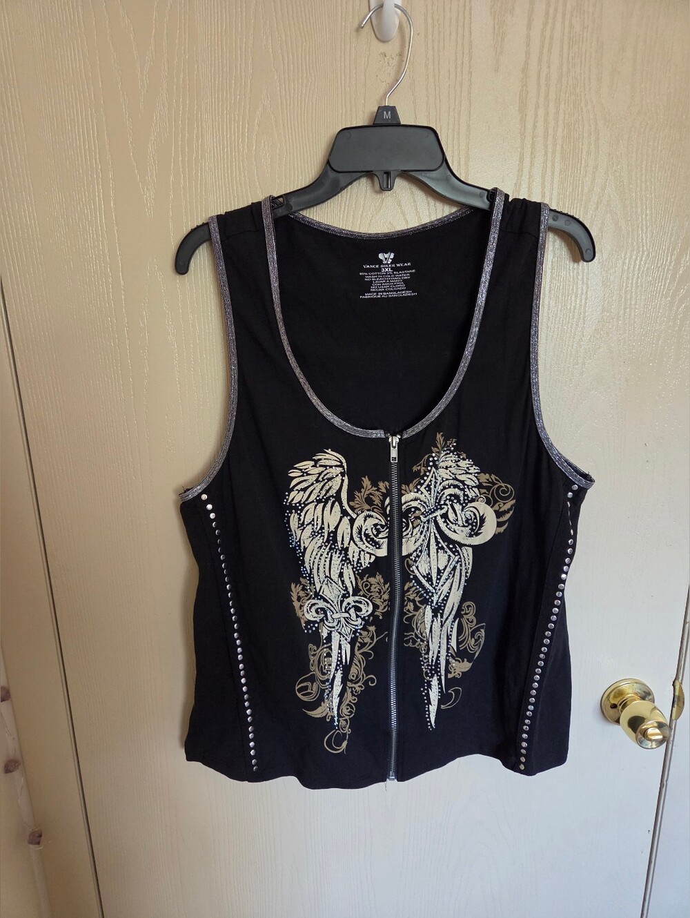 Vance Biker Wear Black Silver Beige Bedazzled Zipper Tank Top Grunge 3XL